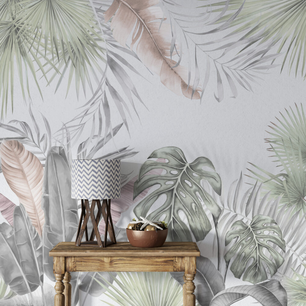 Soft Sage Monstera Wallpaper : Pastel Tropical Leaf Mural - View 3