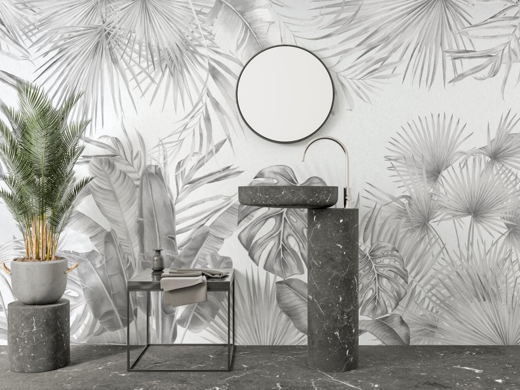 Black And White Monstera Wallpaper : Grey Tropical Leaf Mural - View 5