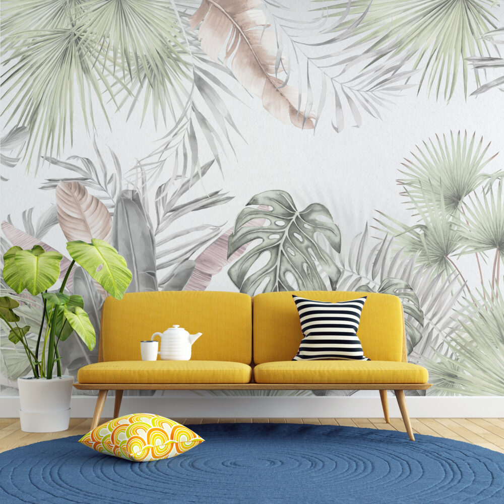 Soft Sage Monstera Wallpaper : Pastel Tropical Leaf Mural - View 4