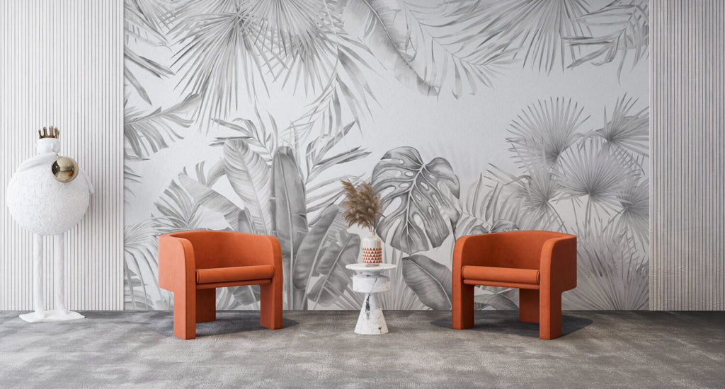 Black And White Monstera Wallpaper : Grey Tropical Leaf Mural - View 6