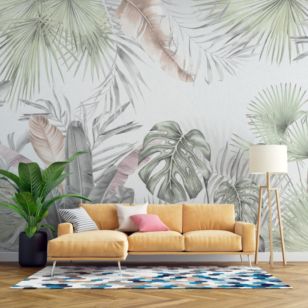 Soft Sage Monstera Wallpaper : Pastel Tropical Leaf Mural