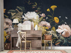 Dark Peony Wallpaper : Vintage Painted Roses And Peonies Mural - View 5