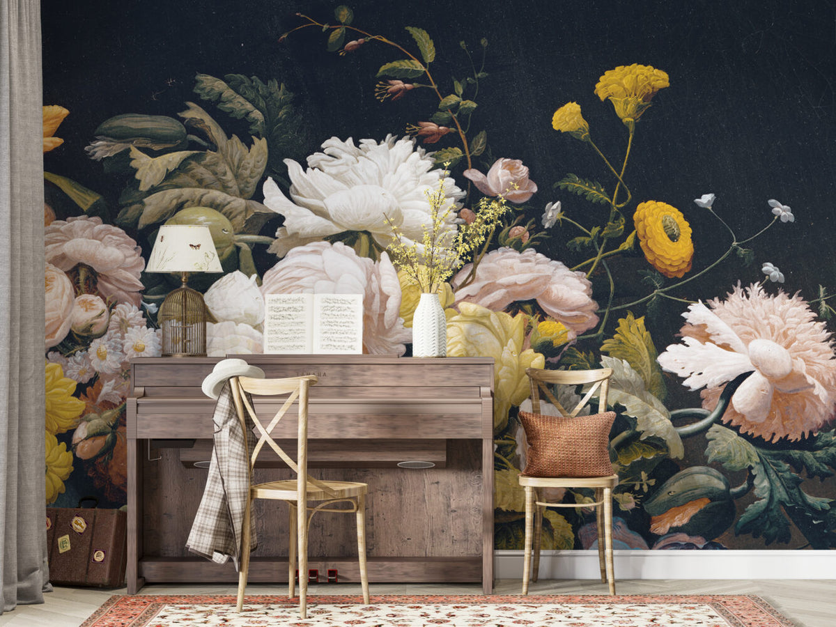 Dark Peony Wallpaper : Vintage Painted Roses And Peonies Mural - View 5
