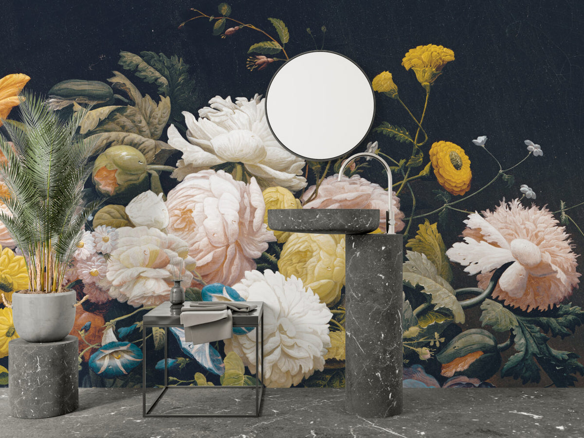 Dark Peony Wallpaper : Vintage Painted Roses And Peonies Mural - View 6
