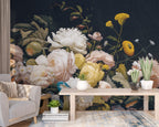 Dark Peony Wallpaper : Vintage Painted Roses And Peonies Mural - View 3
