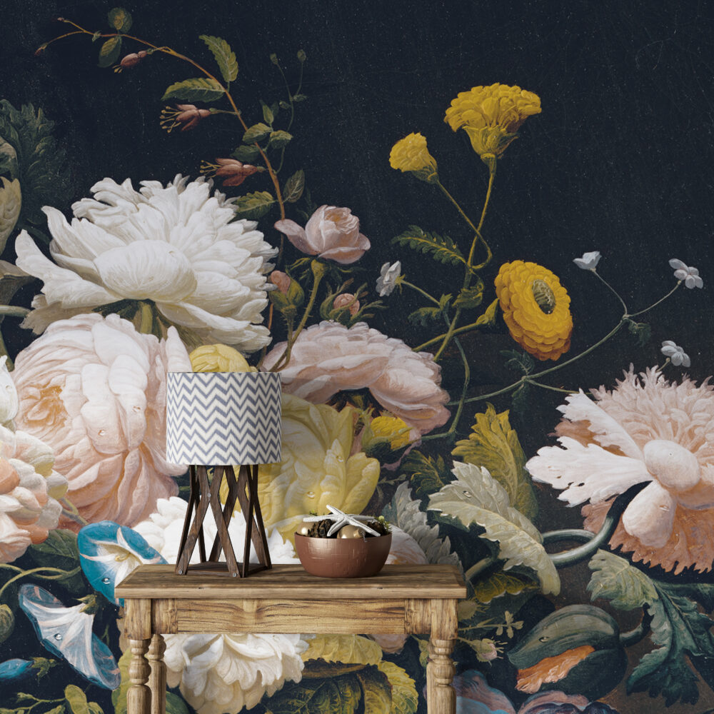 Dark Peony Wallpaper : Vintage Painted Roses And Peonies Mural - View 4