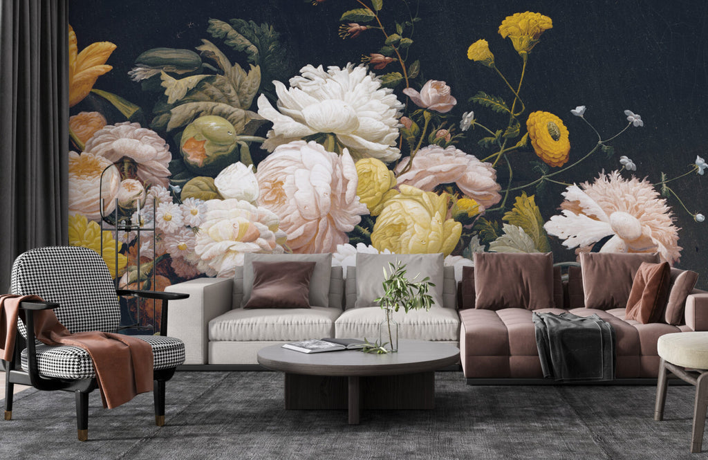 Dark Peony Wallpaper : Vintage Painted Roses And Peonies Mural