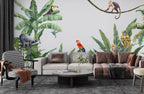 Scarlet Macaw Wallpaper : Tropical Leaves And Monkey Mural - View 5