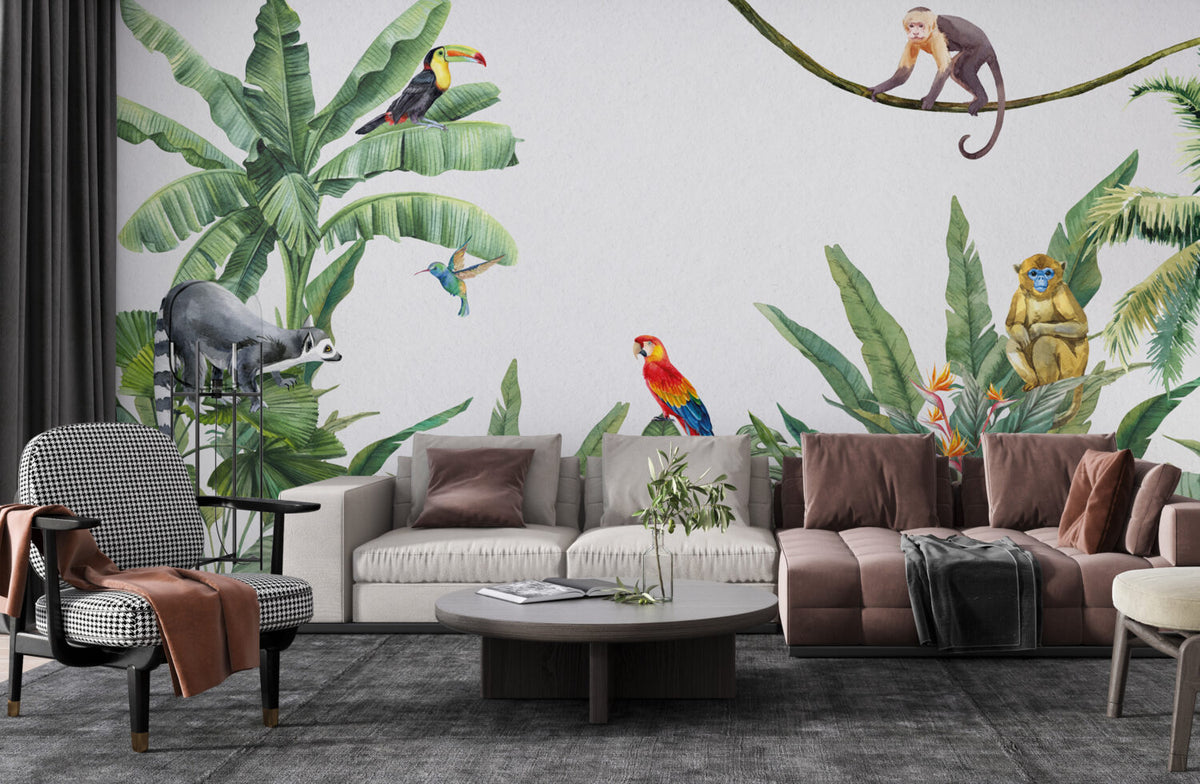 Scarlet Macaw Wallpaper : Tropical Leaves And Monkey Mural - View 5
