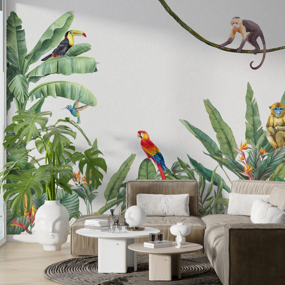 Scarlet Macaw Wallpaper : Tropical Leaves And Monkey Mural