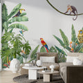 Scarlet Macaw Wallpaper : Tropical Leaves And Monkey Mural