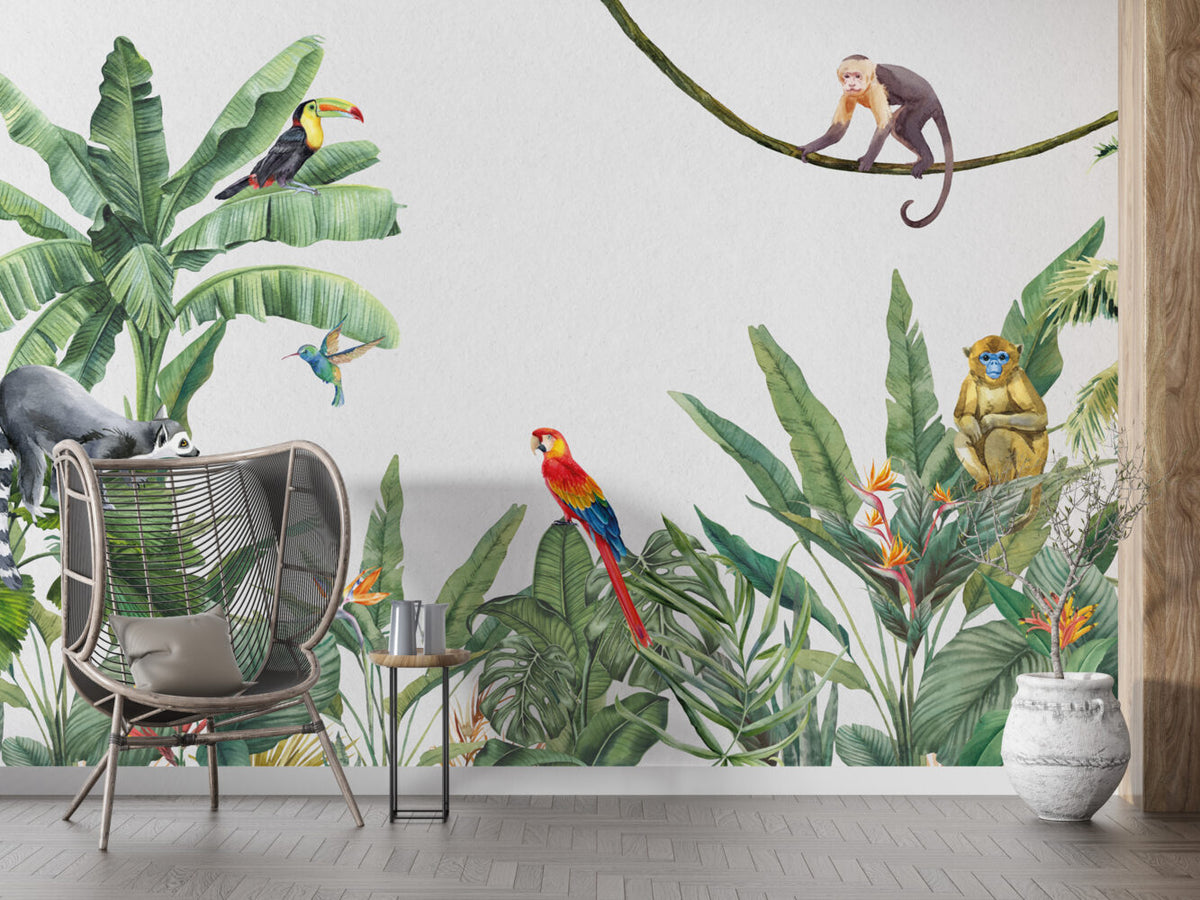 Scarlet Macaw Wallpaper : Tropical Leaves And Monkey Mural - View 6