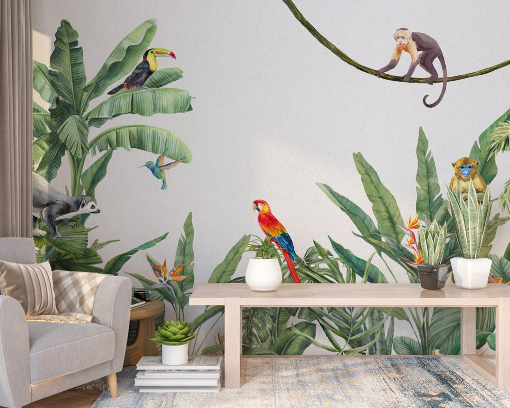 Scarlet Macaw Wallpaper : Tropical Leaves And Monkey Mural - View 3