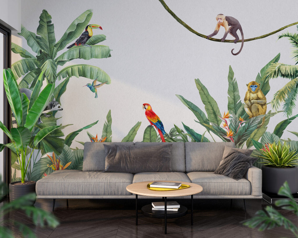 Scarlet Macaw Wallpaper : Tropical Leaves And Monkey Mural - View 4