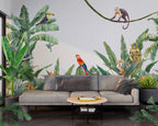 Scarlet Macaw Wallpaper : Tropical Leaves And Monkey Mural - View 4