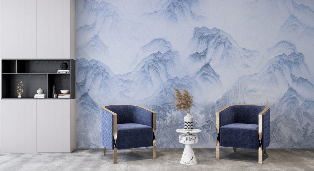 Blue Misty Mountains Wallpaper : Ink Wash Landscape Mural - View 6