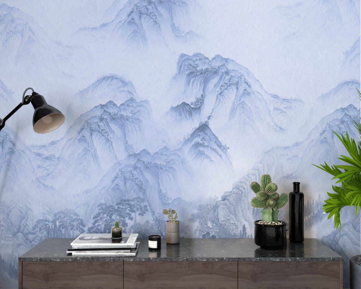 Blue Misty Mountains Wallpaper : Ink Wash Landscape Mural - View 3
