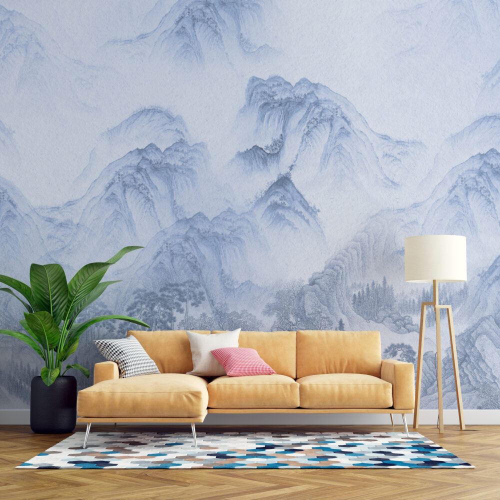 Blue Misty Mountains Wallpaper : Ink Wash Landscape Mural - View 4