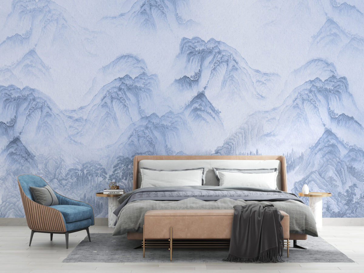 Blue Misty Mountains Wallpaper : Ink Wash Landscape Mural
