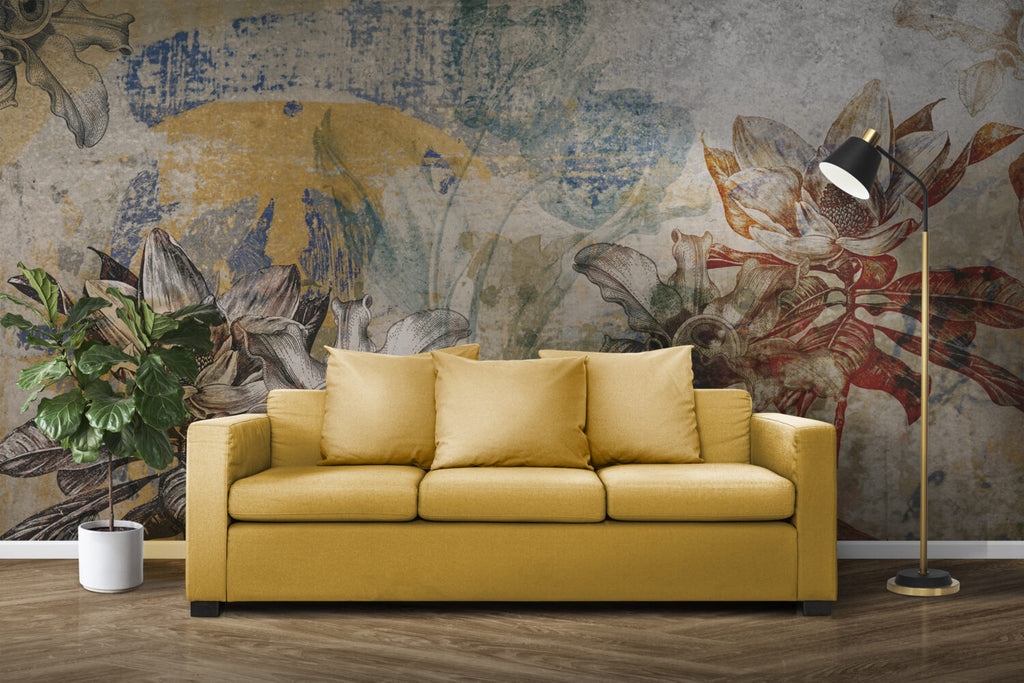 Distressed Botanical Wallpaper : Rustic Faded Leaf Fresco Mural - View 6