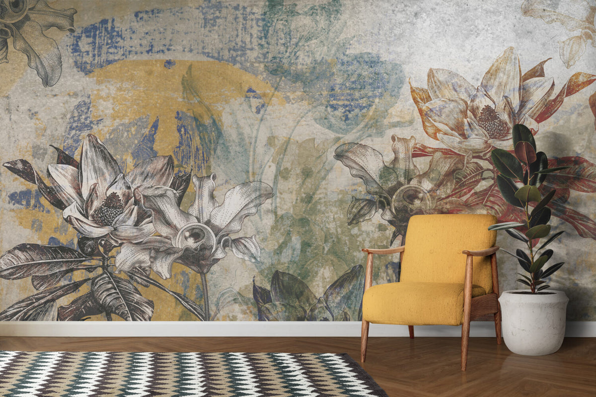 Distressed Botanical Wallpaper : Rustic Faded Leaf Fresco Mural - View 3