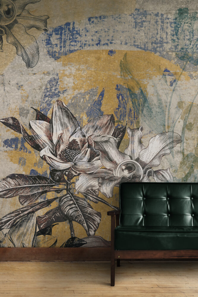 Distressed Botanical Wallpaper : Rustic Faded Leaf Fresco Mural - View 4