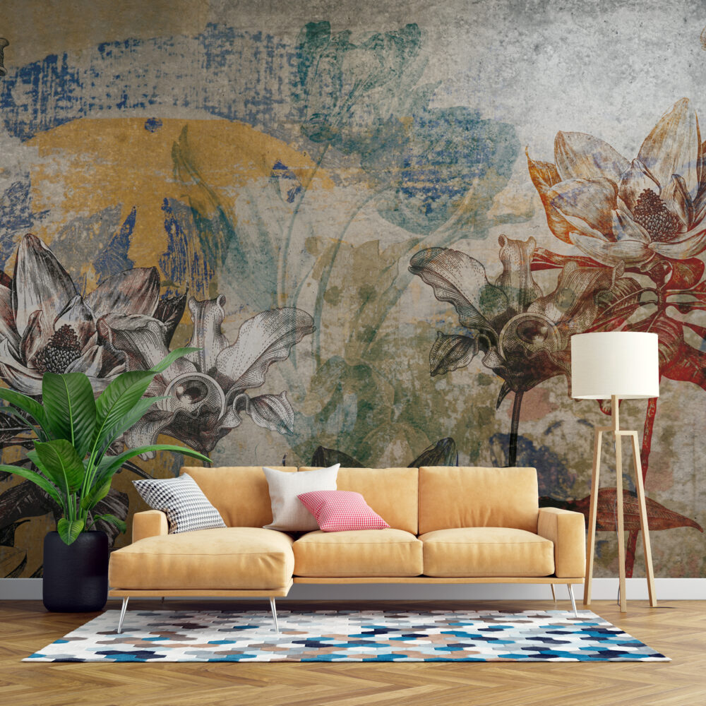Distressed Botanical Wallpaper : Rustic Faded Leaf Fresco Mural - View 5