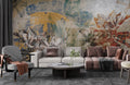 Distressed Botanical Wallpaper : Rustic Faded Leaf Fresco Mural