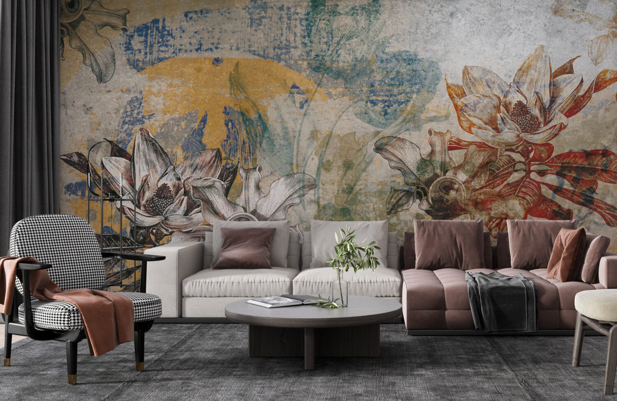 Distressed Botanical Wallpaper : Rustic Faded Leaf Fresco Mural
