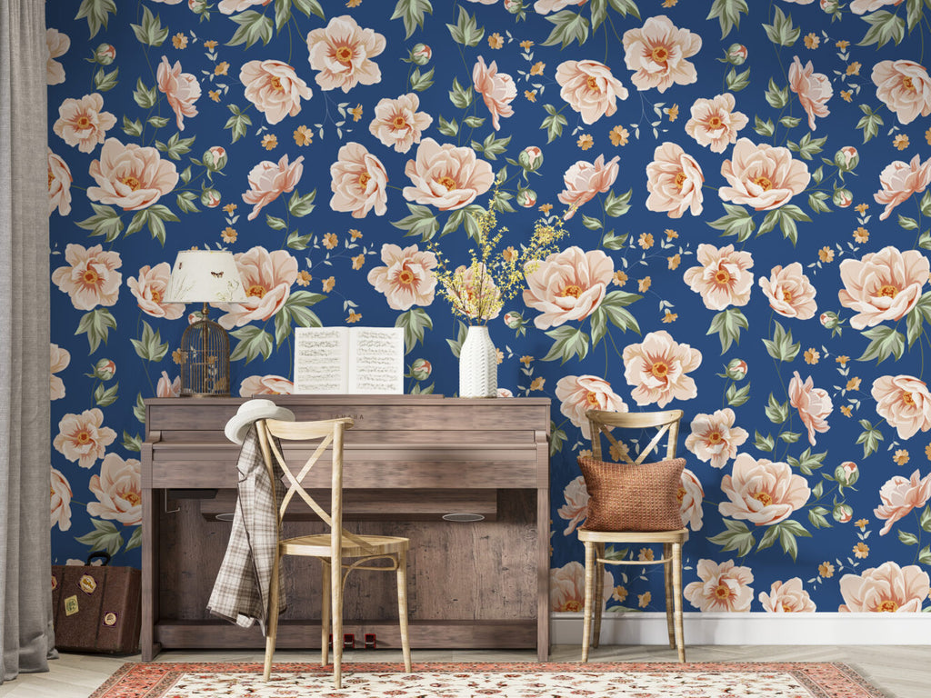 Navy Peony Wallpaper : Peach Blossoms On Blue Pattern