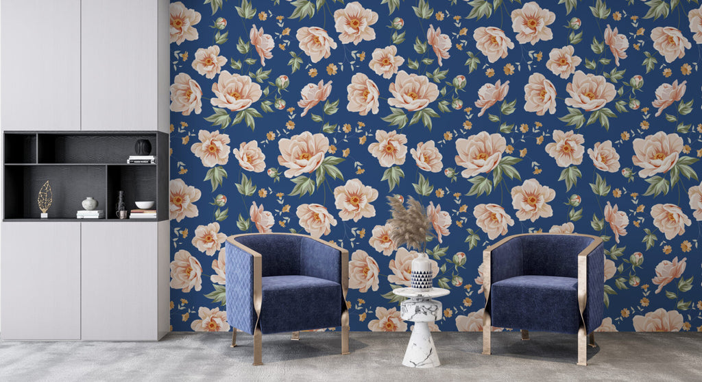 Navy Peony Wallpaper : Peach Blossoms On Blue Pattern - View 3