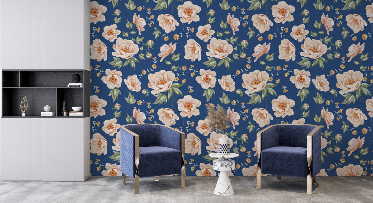 Navy Peony Wallpaper : Peach Blossoms On Blue Pattern - View 3