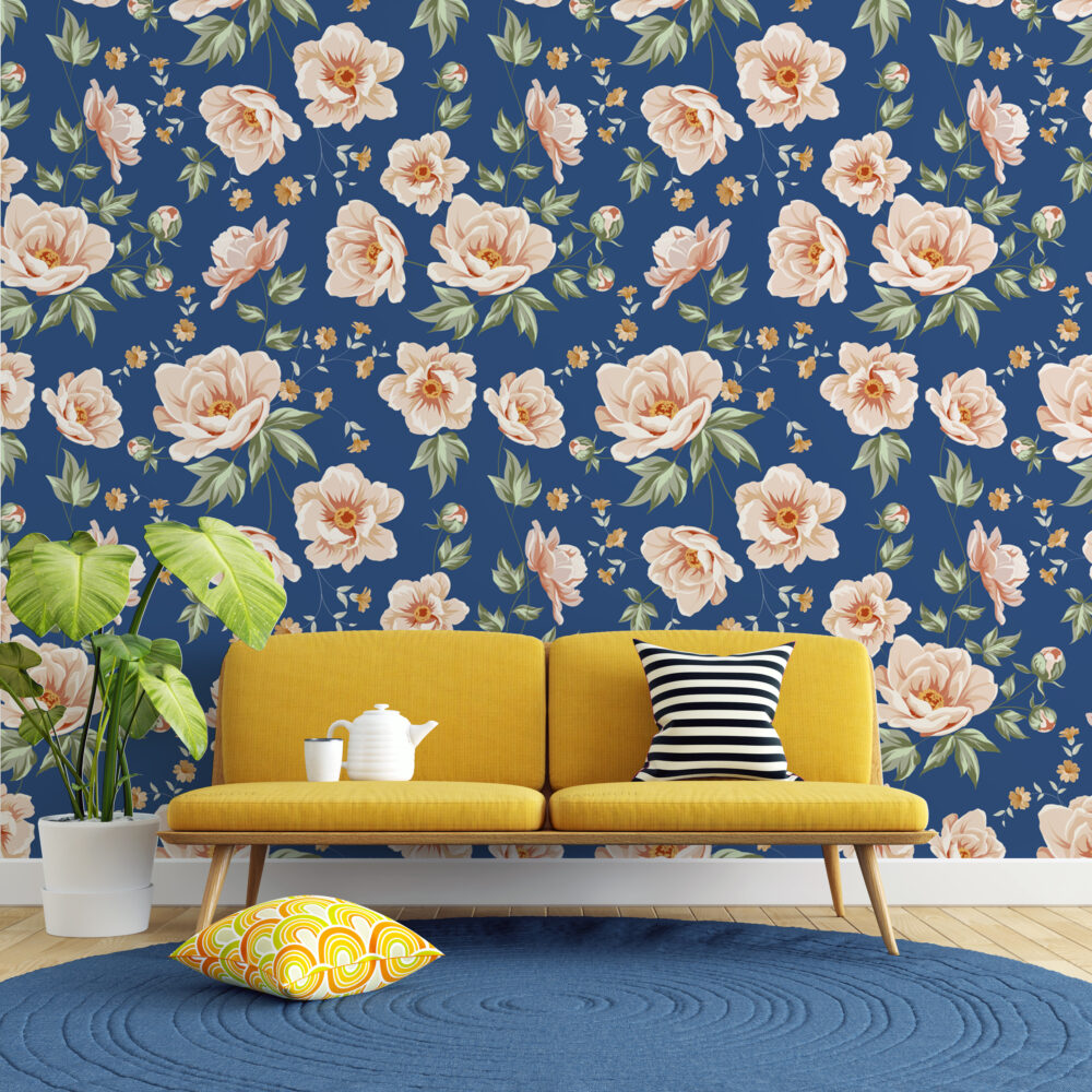Navy Peony Wallpaper : Peach Blossoms On Blue Pattern - View 4