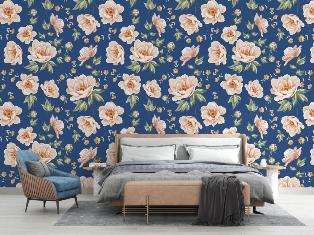 Navy Peony Wallpaper : Peach Blossoms On Blue Pattern - View 5
