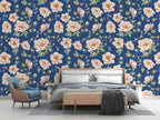 Navy Peony Wallpaper : Peach Blossoms On Blue Pattern - View 5