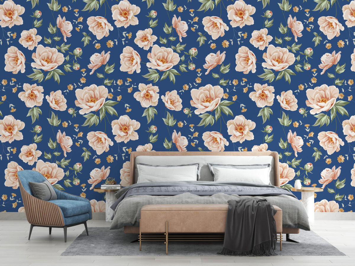 Navy Peony Wallpaper : Peach Blossoms On Blue Pattern - View 5