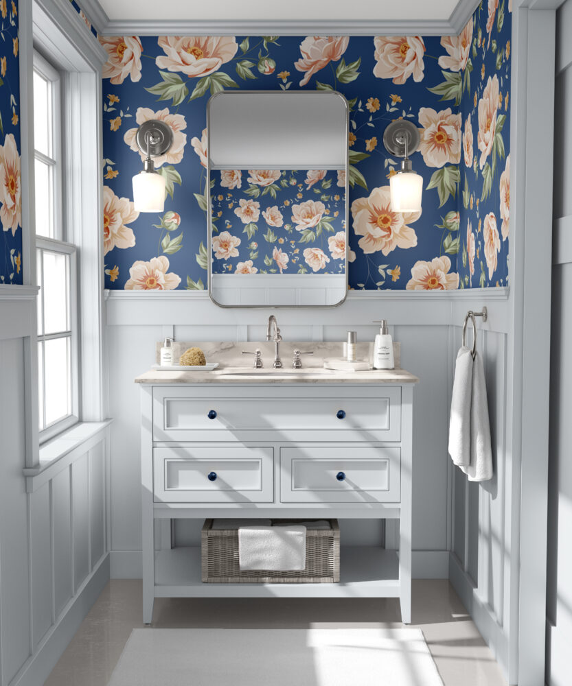 Navy Peony Wallpaper : Peach Blossoms On Blue Pattern - View 6