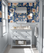 Navy Peony Wallpaper : Peach Blossoms On Blue Pattern - View 6