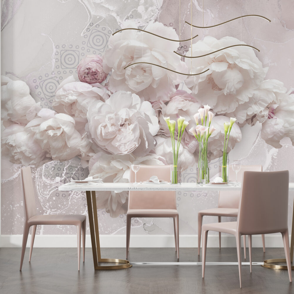 White Peony Wallpaper : 3D Marble Effect Blush Flowers Mural - View 6