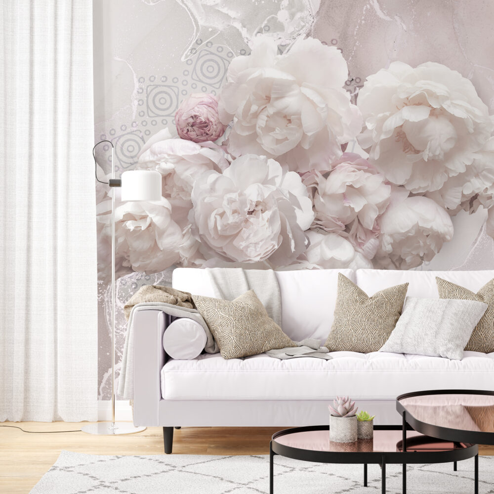 White Peony Wallpaper : 3D Marble Effect Blush Flowers Mural - View 3