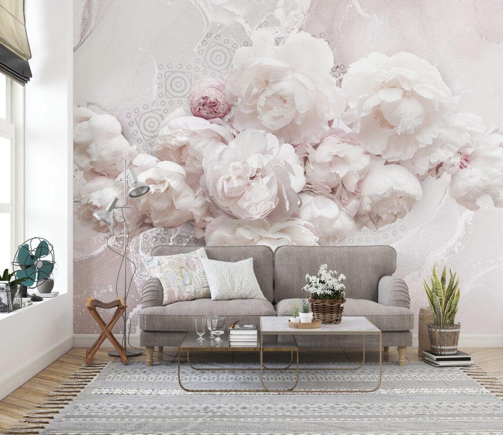White Peony Wallpaper : 3D Marble Effect Blush Flowers Mural - View 4