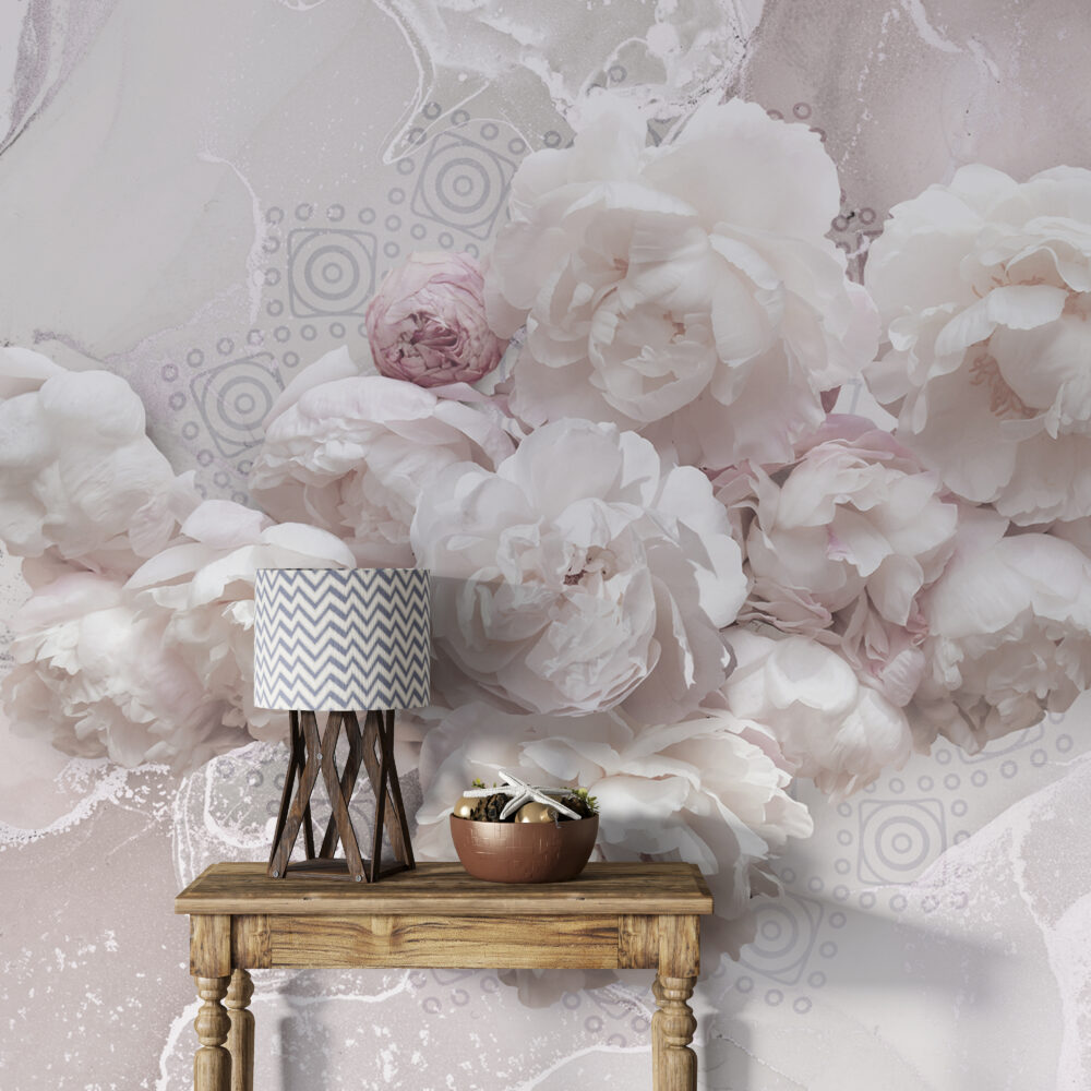 White Peony Wallpaper : 3D Marble Effect Blush Flowers Mural - View 5