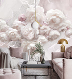 White Peony Wallpaper : 3D Marble Effect Blush Flowers Mural