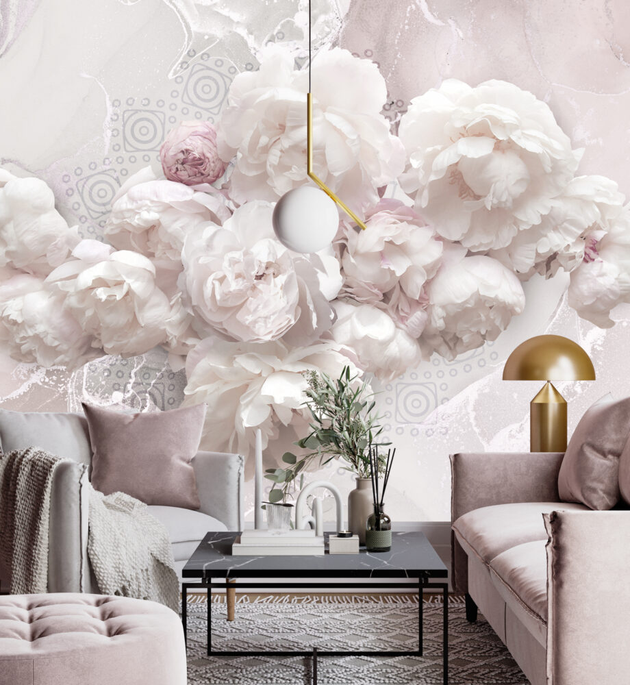 White Peony Wallpaper : 3D Marble Effect Blush Flowers Mural