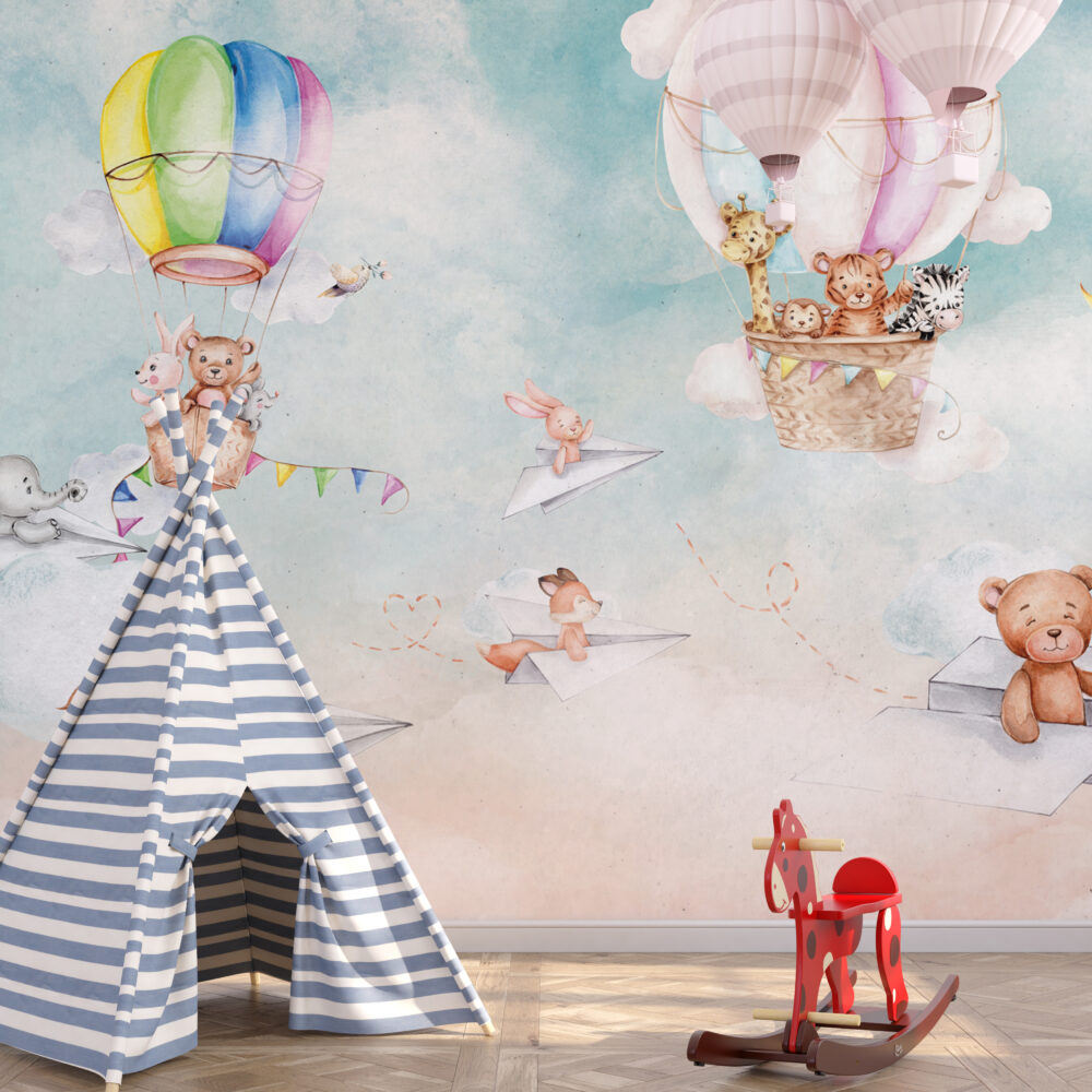Paper Plane Animals Wallpaper : Watercolor Hot Air Balloon Nursery Mural - View 5