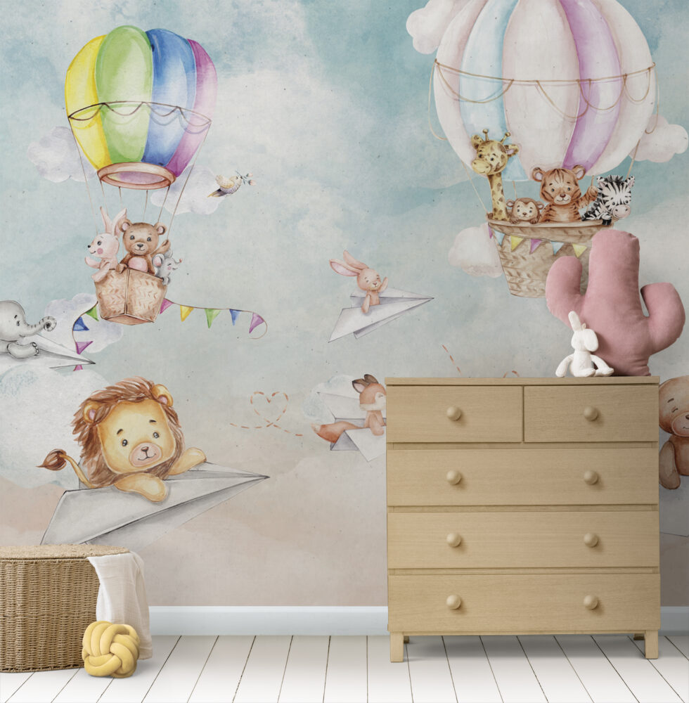 Paper Plane Animals Wallpaper : Watercolor Hot Air Balloon Nursery Mural - View 6