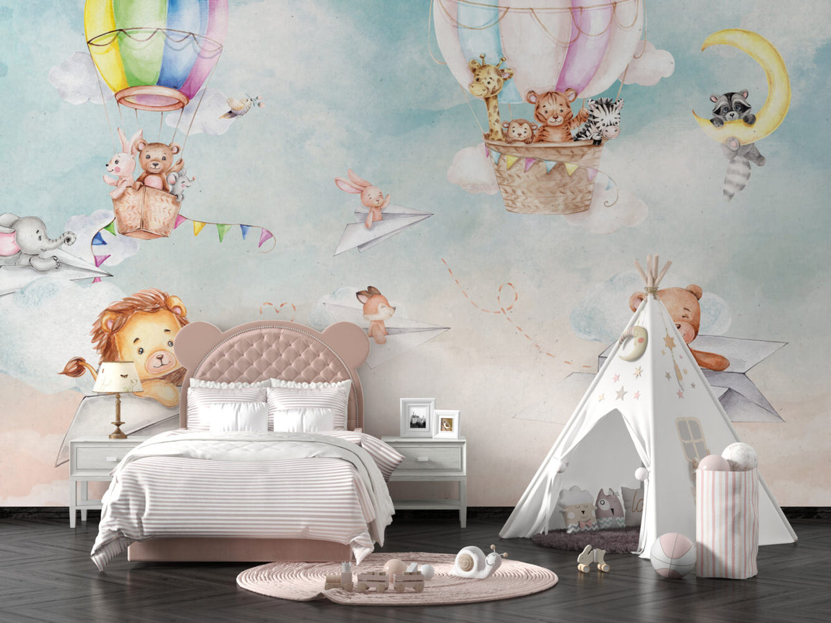 Paper Plane Animals Wallpaper : Watercolor Hot Air Balloon Nursery Mural - View 3