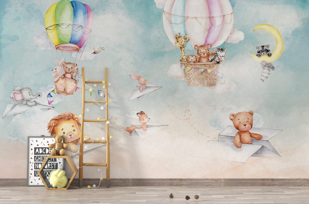 Paper Plane Animals Wallpaper : Watercolor Hot Air Balloon Nursery Mural
