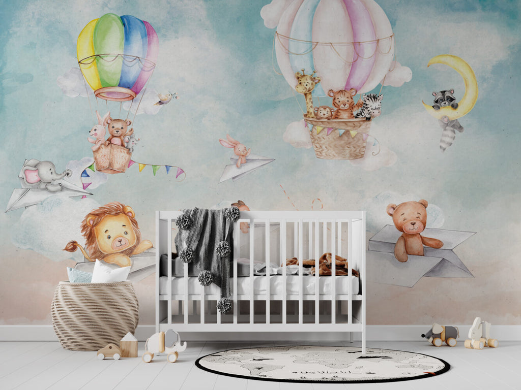 Paper Plane Animals Wallpaper : Watercolor Hot Air Balloon Nursery Mural - View 4