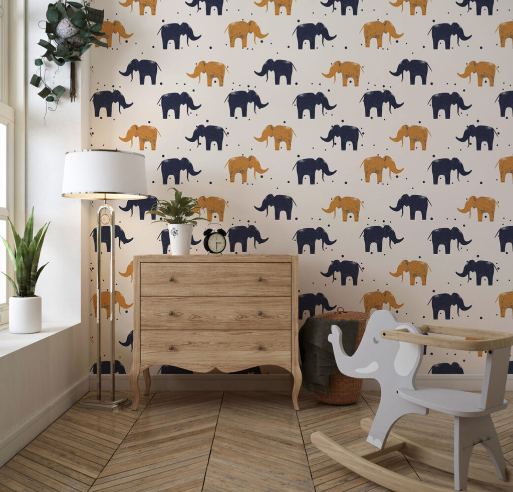 Elephant Pattern Wallpaper : Navy And Mustard Elephants On Beige - View 3